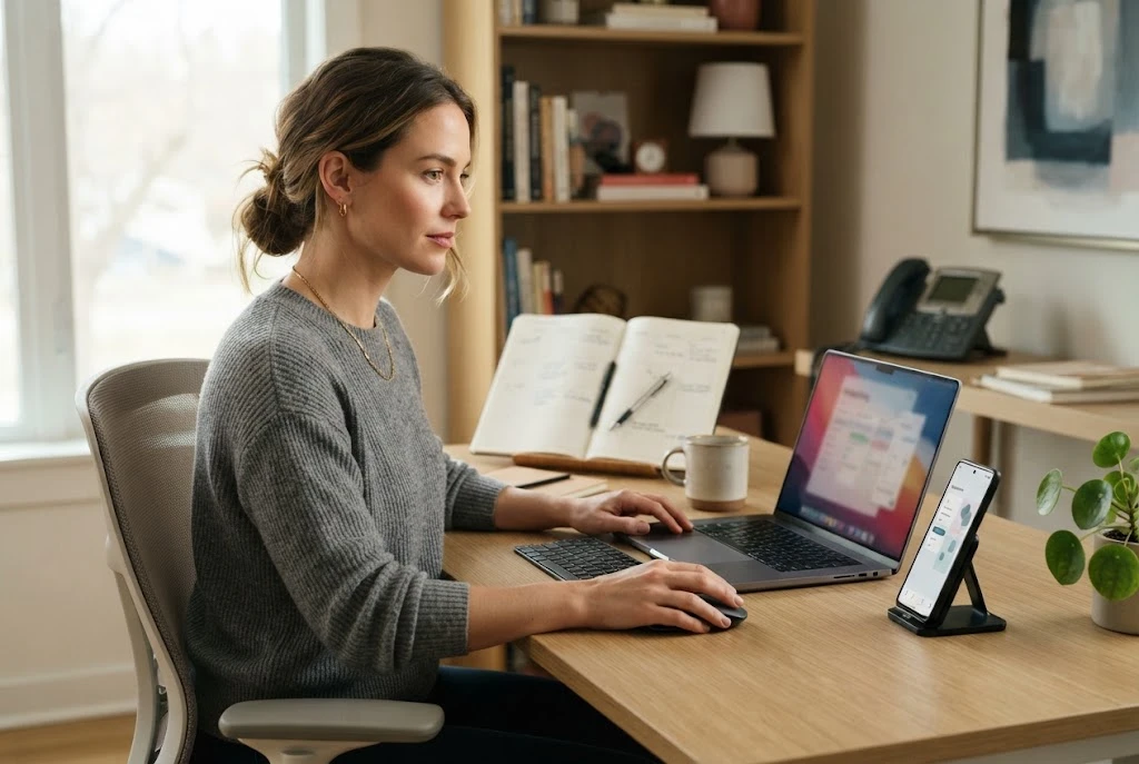 Professional using an AI assistant to manage digital tasks on a laptop and smartphone