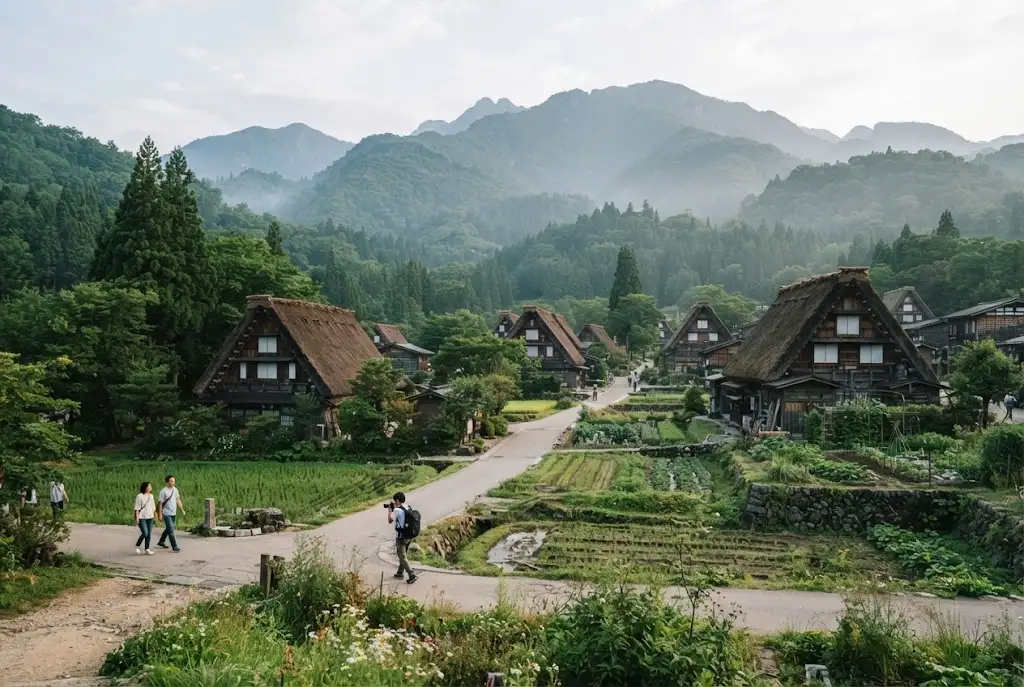 Traditional thatched-roof houses surrounded by mountains in Shirakawa-go Japan