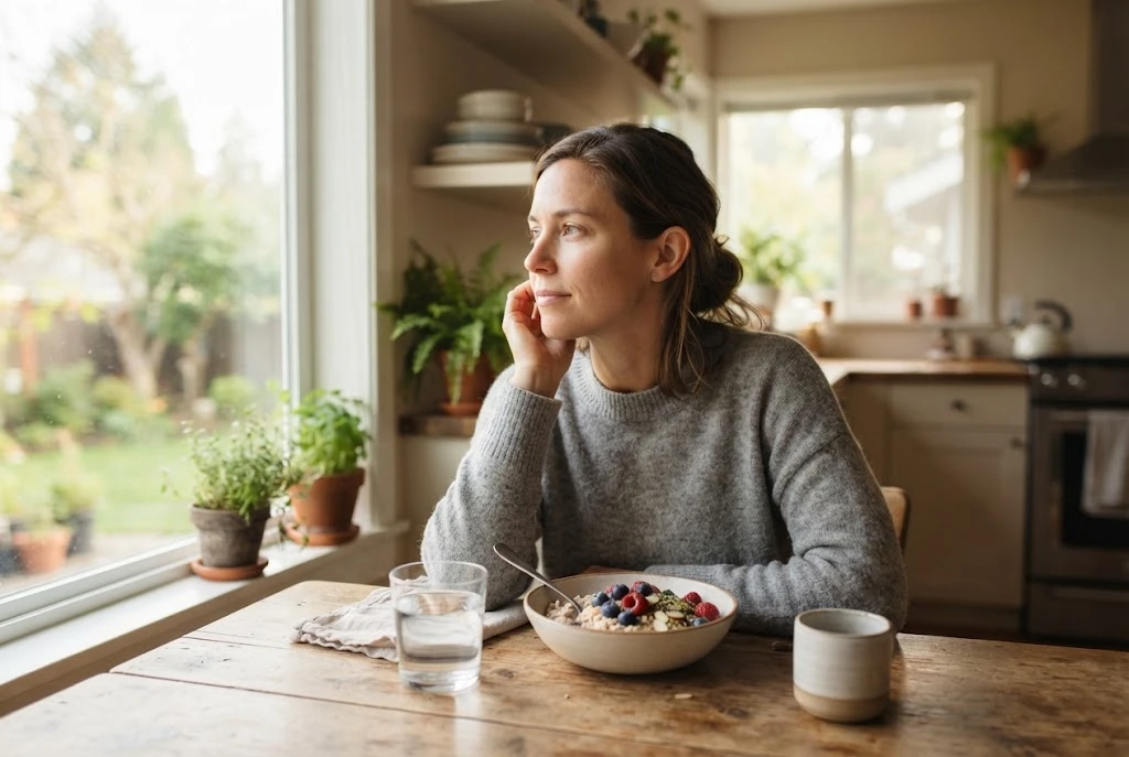 Adult sitting at a breakfast table with an untouched meal while reflecting during a quiet morning