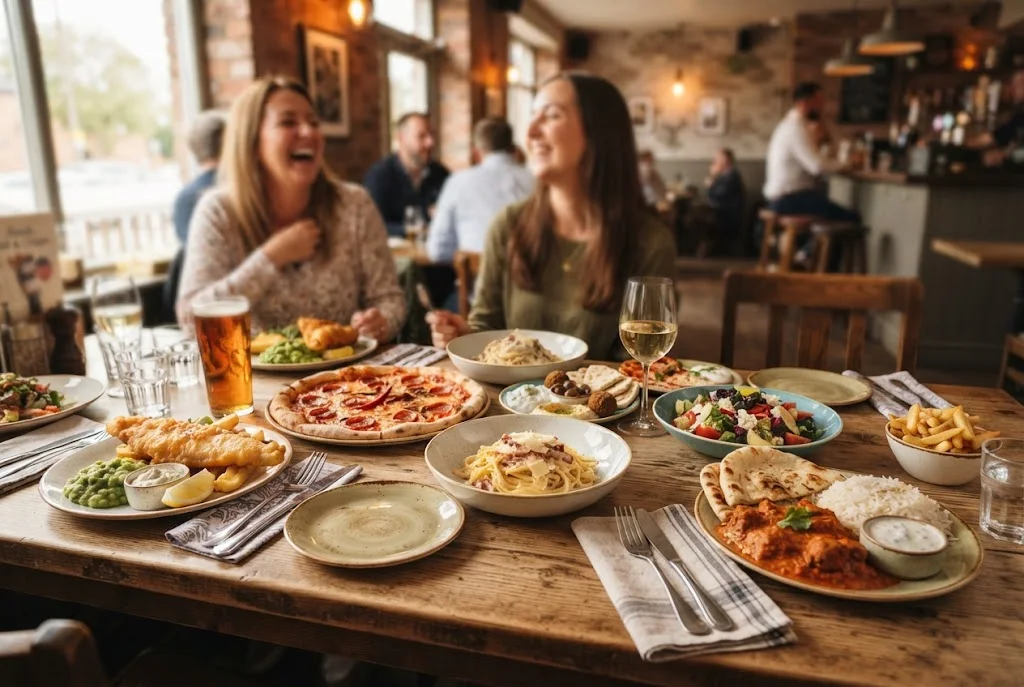 Variety of British, Italian, Mediterranean, and international dishes on a restaurant table