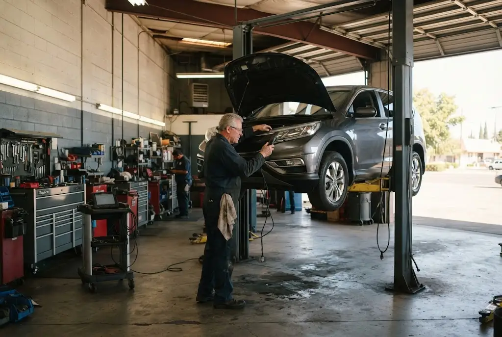 Automotive technician inspecting a vehicle inside a professional repair shop Image Caption: N/A