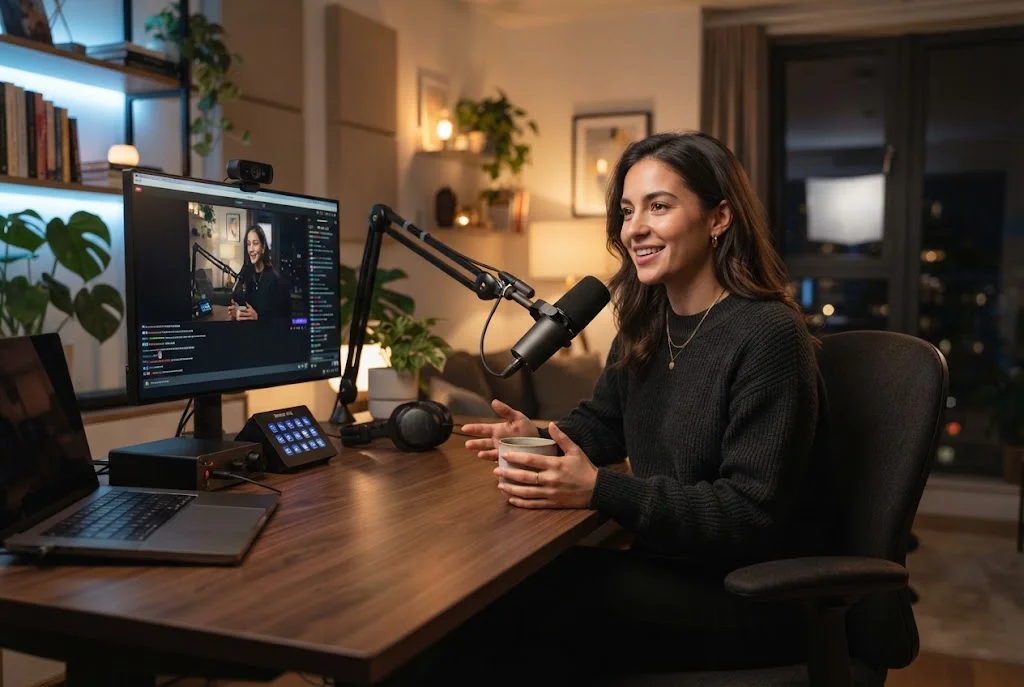 Adult content creator at a modern live-streaming setup with webcam and computer monitor