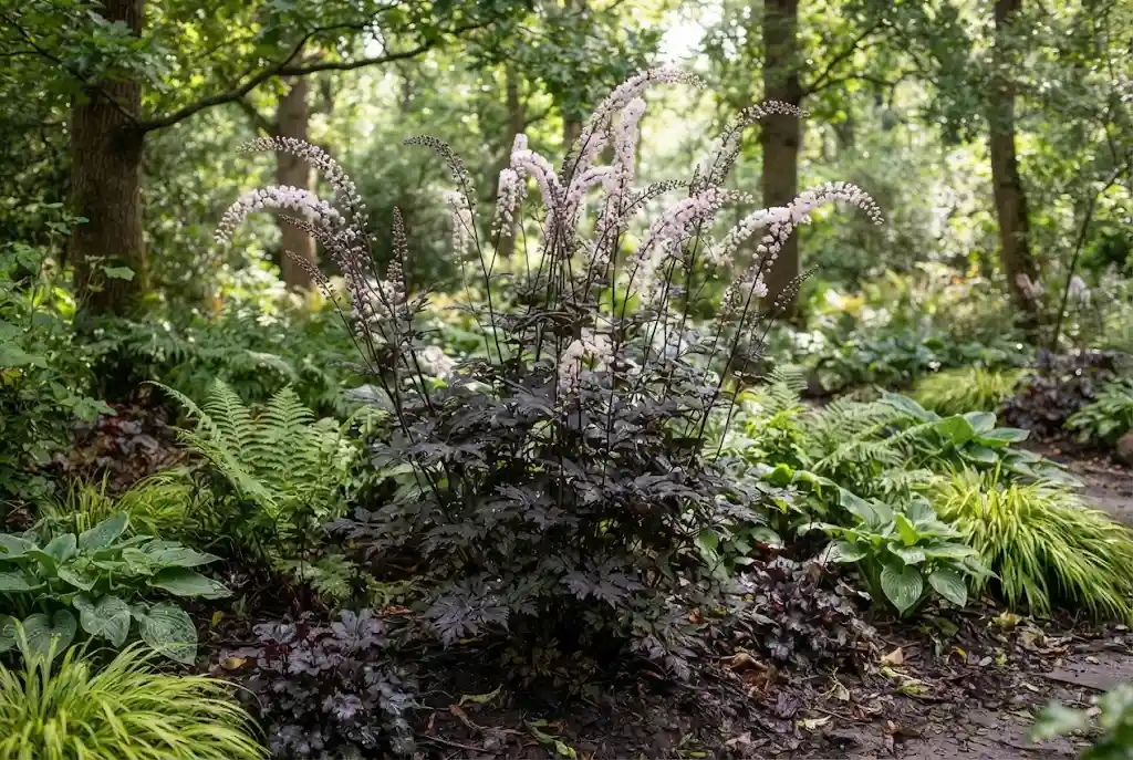Cimicifuga Hillside Black Beauty with dark foliage and tall pale flowers