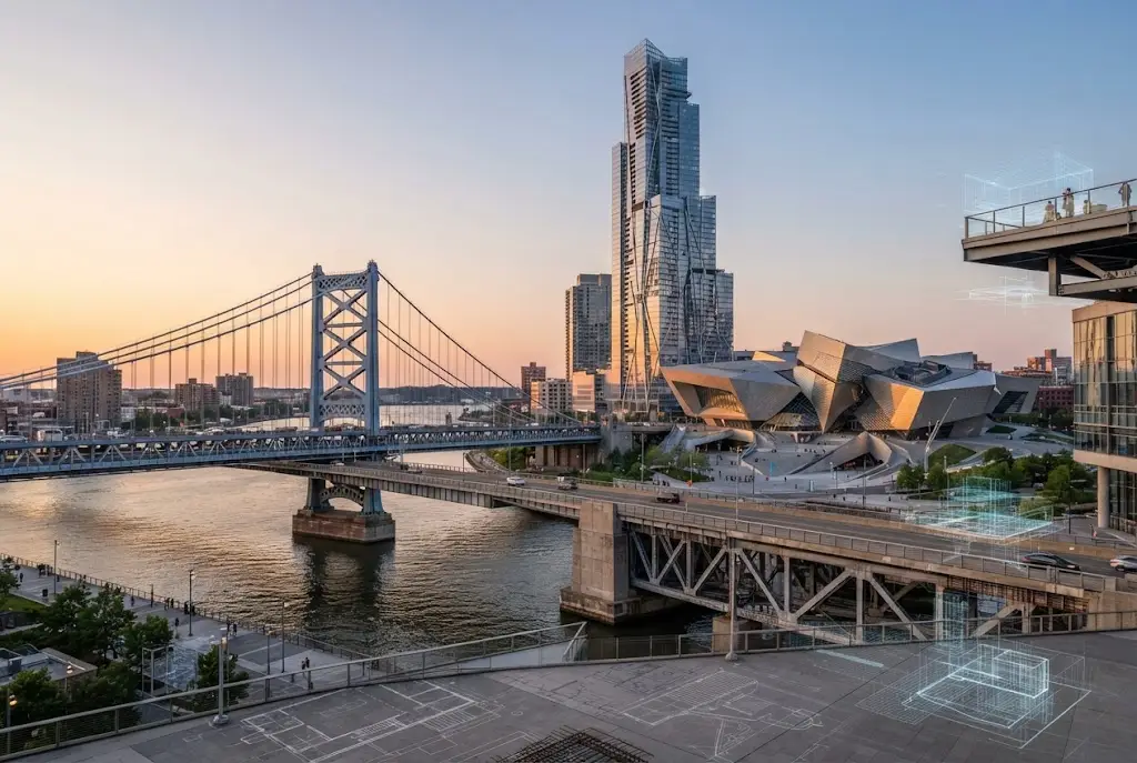 Iconic bridge and skyscraper representing engineering and architectural design