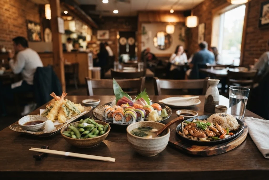 Japanese sushi, sashimi, tempura, and cooked dishes arranged on a restaurant table