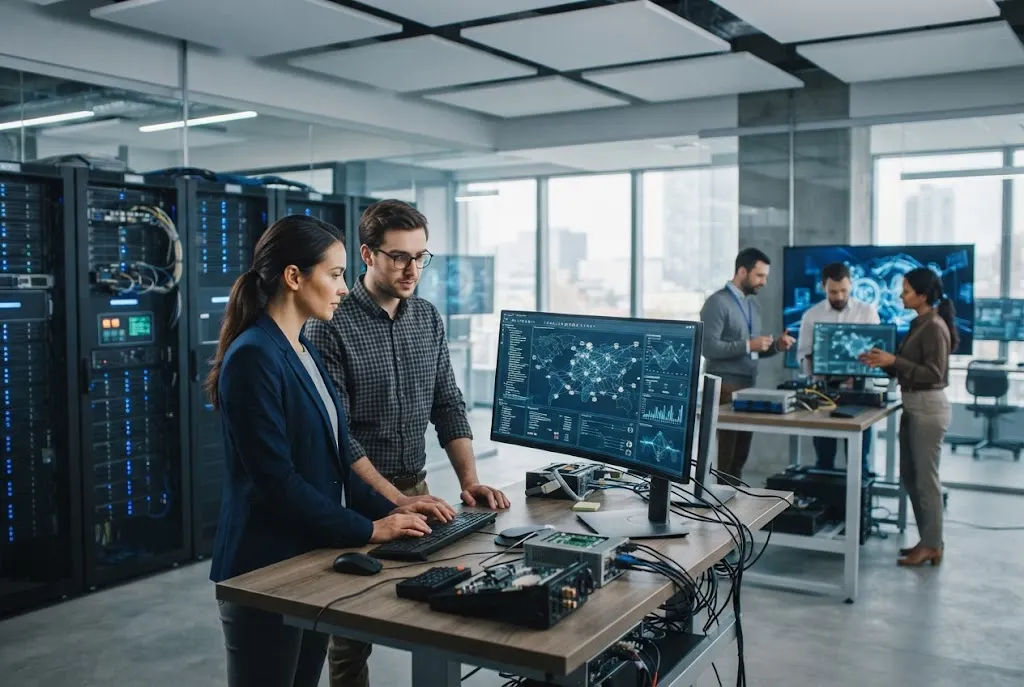 Modern technology workspace with computing equipment and digital data systems