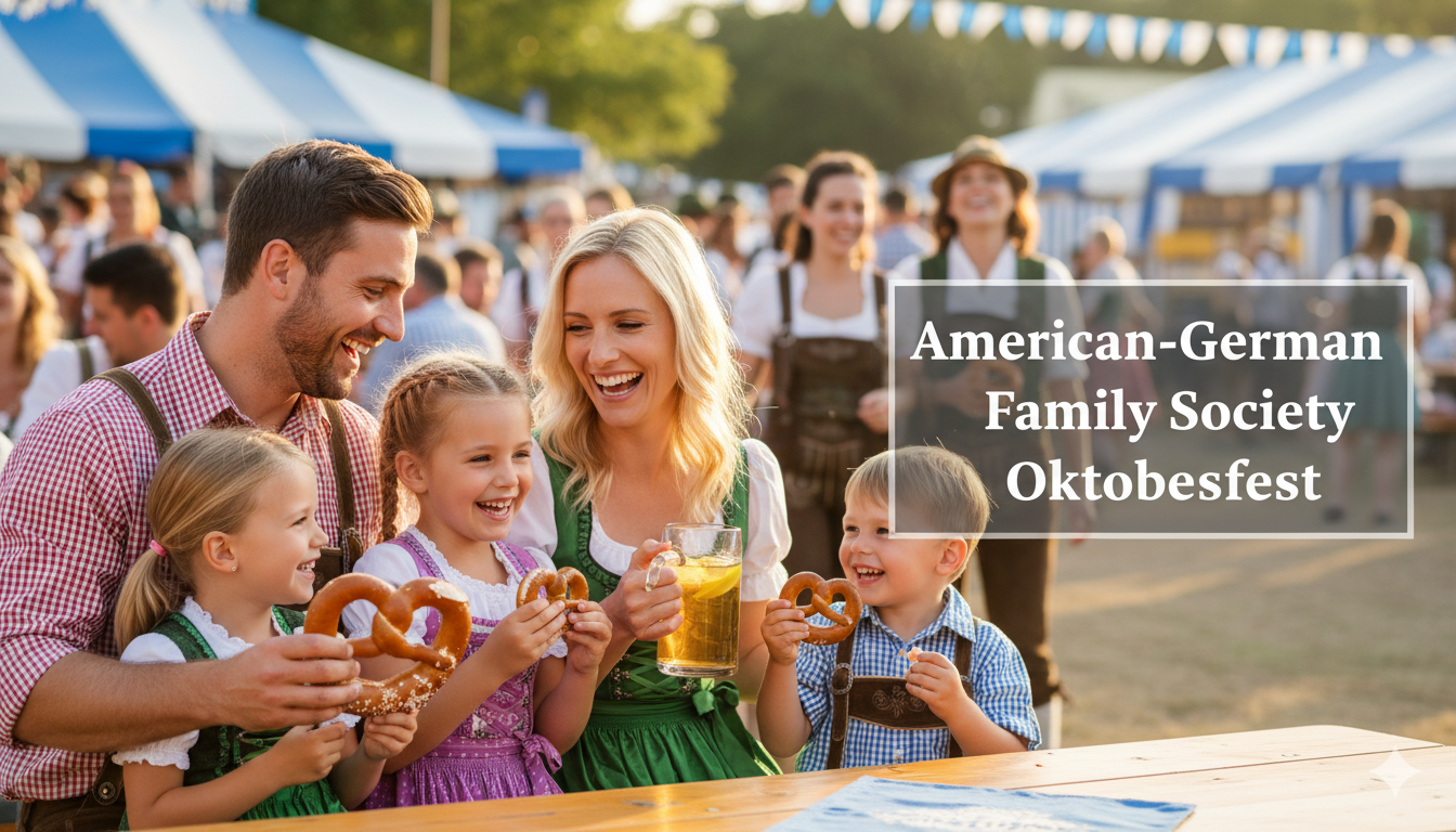 Family enjoying Oktoberfest festival in traditional German attire with tents and decorations