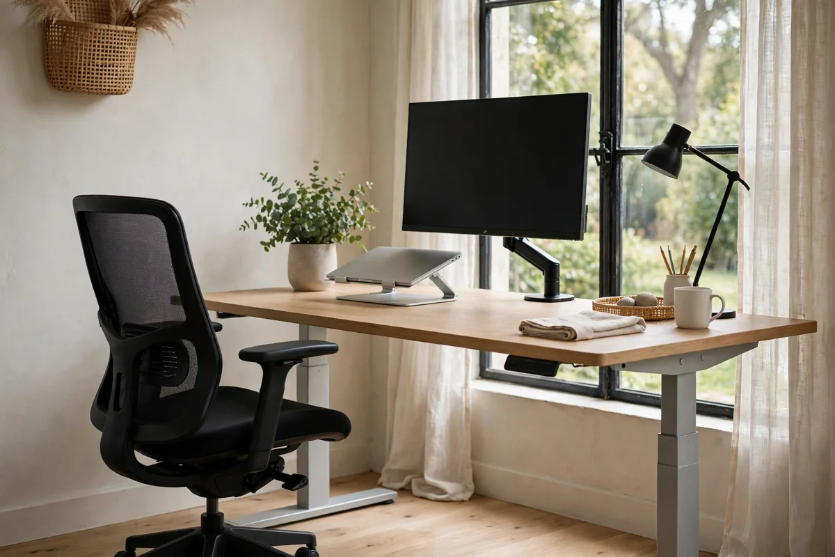 How to Set Up an Ergonomic Home Office That Protects Your Back and Focus Ergonomic home office setup — an adjustable desk, monitor at eye level, ergonomic chair and daylight
